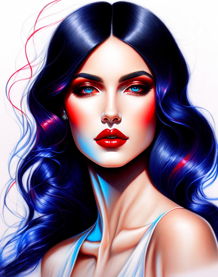 Vibrant illustration of woman with blue hair, blue eyes, red lipstick