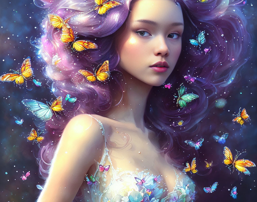 Colorful cosmic artwork featuring a woman with purple hair and butterflies