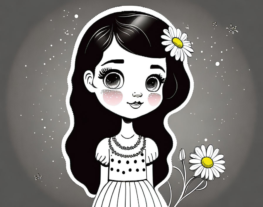 Girl with large eyes and daisy in hair holding a flower in monochrome illustration