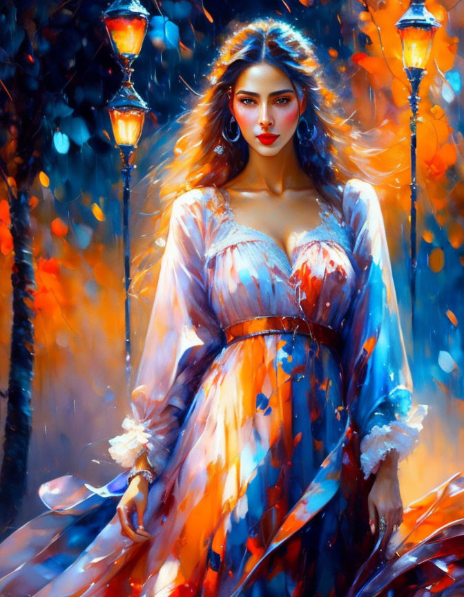 Vibrant illustration: Woman in flowing dress amid colorful, lit streetscape