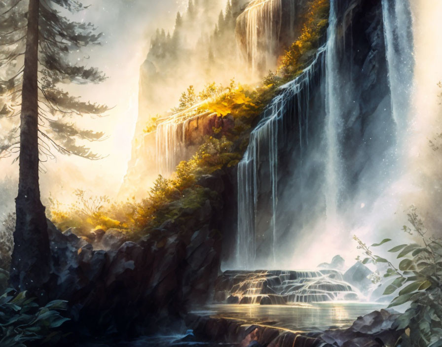 Majestic waterfalls in ethereal misty landscape