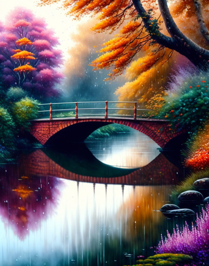 Tranquil river with stone bridge and colorful foliage