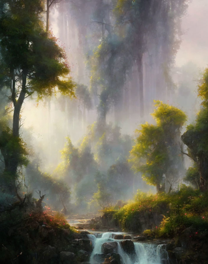 Misty forest with sunlight, waterfall, and lush greenery