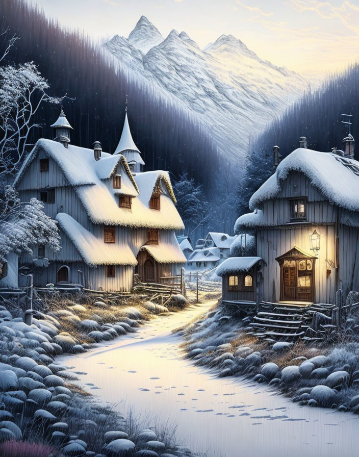 Snowy village with cozy houses, snow-covered trees, mountains, and warm cabin light