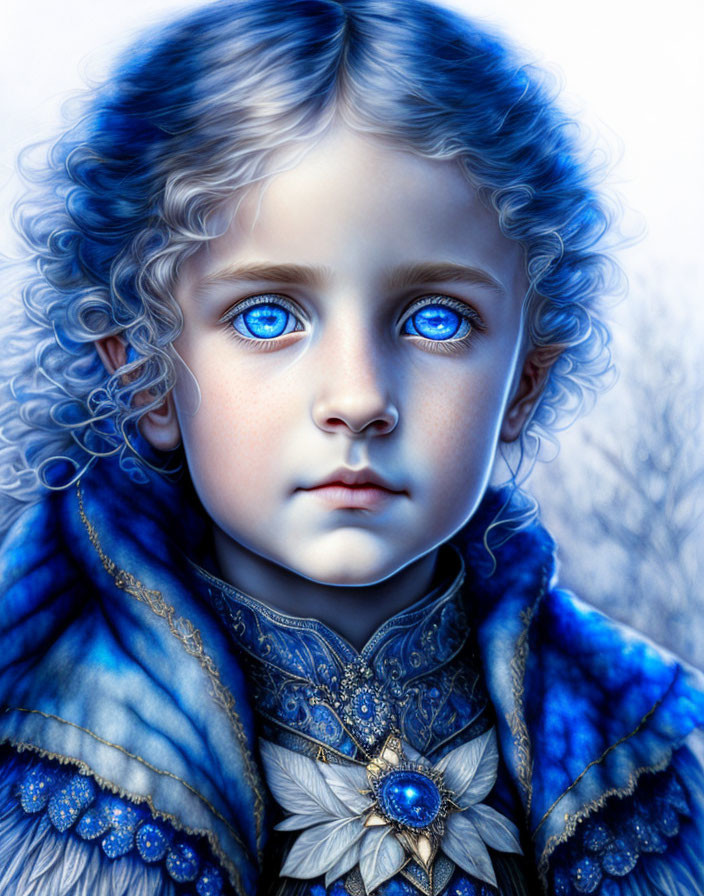 Child portrait with vibrant blue eyes and curly hair in blue and gold outfit with gemstone