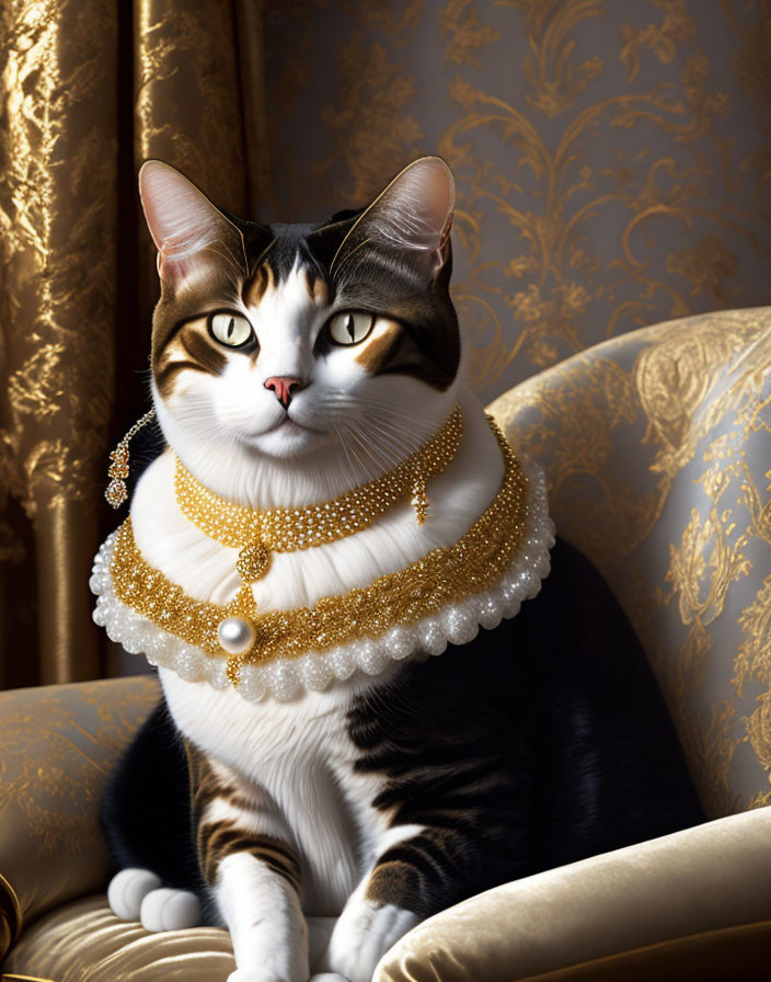 Regal Cat with Striking Markings and Jewelry on Golden Chair