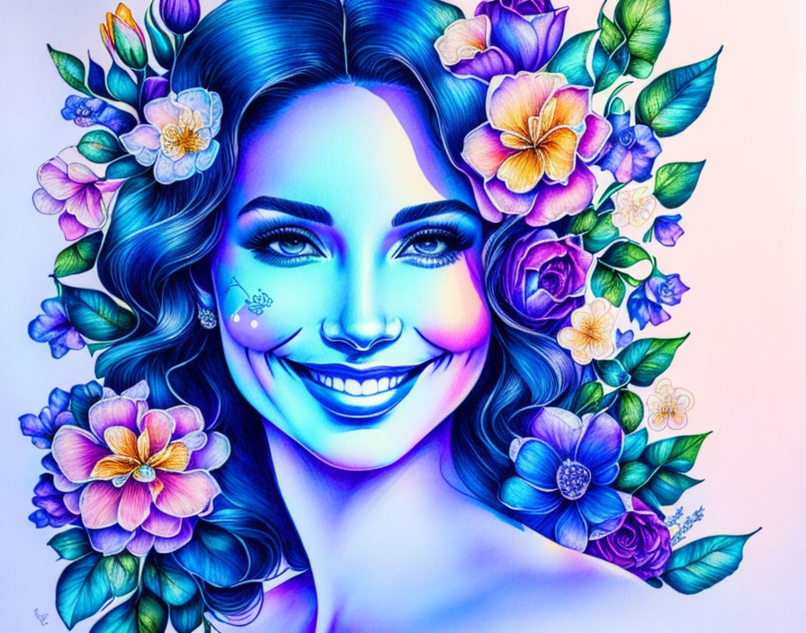 Colorful portrait of a smiling woman with blue skin and floral adornments