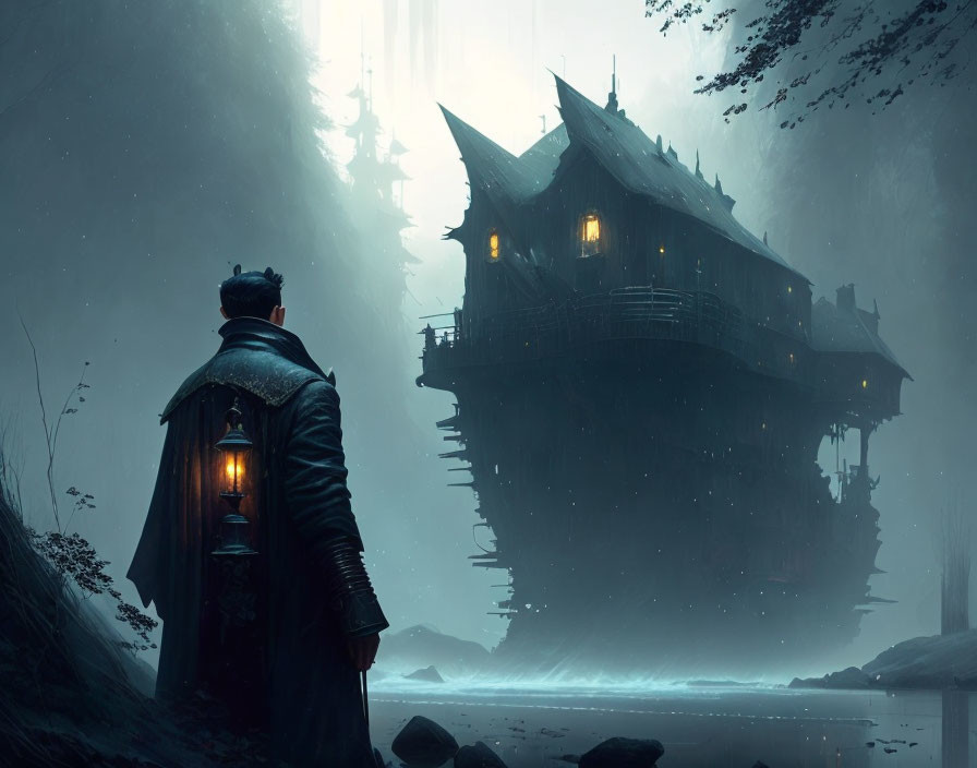 Mysterious cloaked figure with lantern near eerie cliff-side house