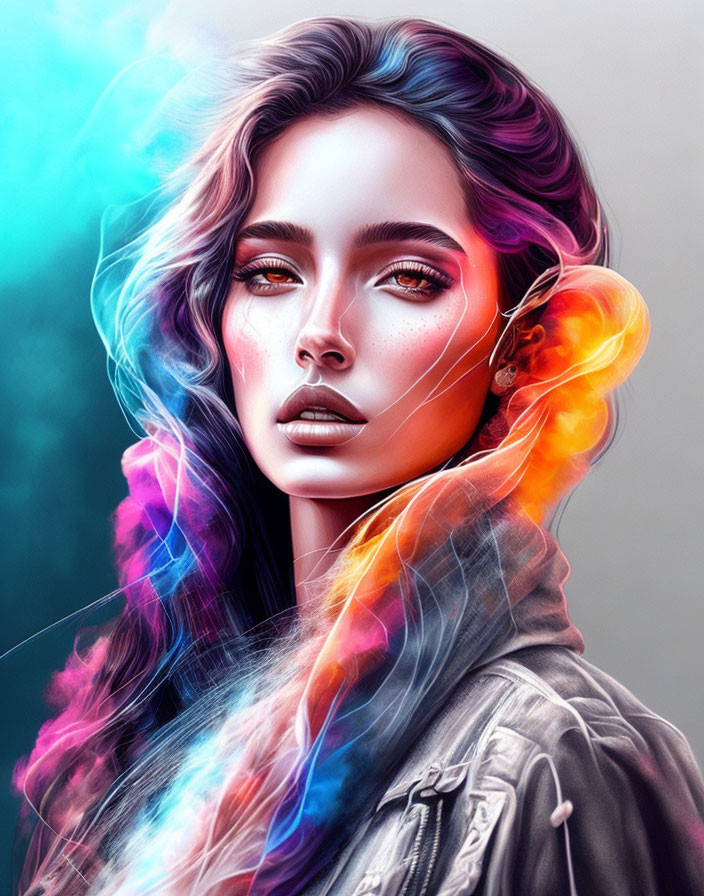 Colorful digital portrait of a woman with multicolored hair and intense gaze, set against neon smoke