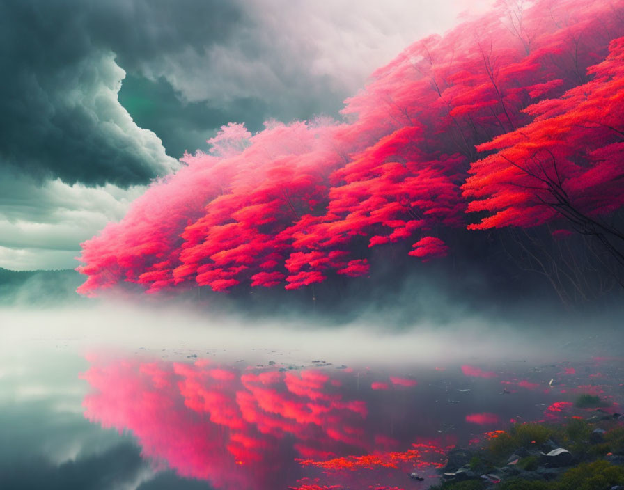 Crimson Trees Reflecting in Tranquil Lake with Mist and Cloudy Sky