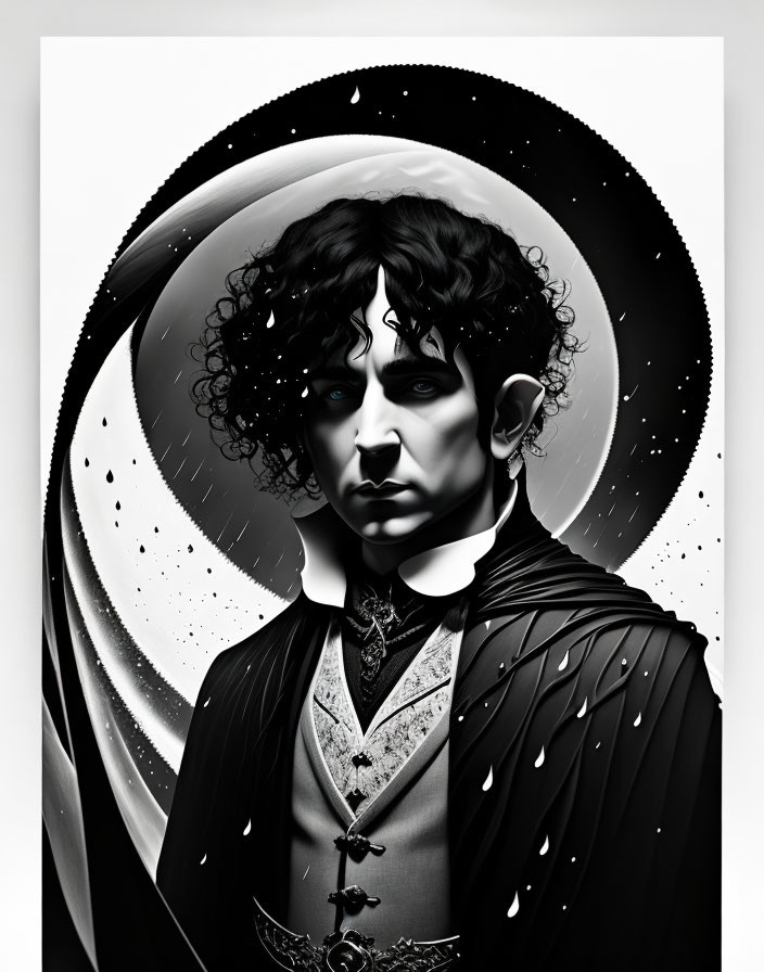 Monochrome illustration of a man with curly hair against cosmic backdrop