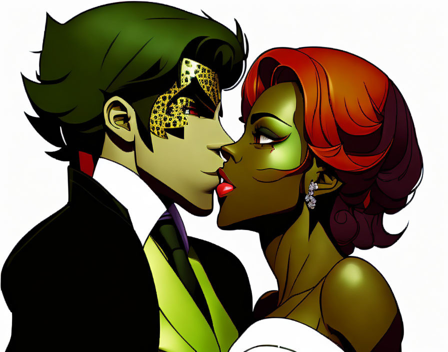 Stylized illustration of a couple in mask and green skin in romantic embrace