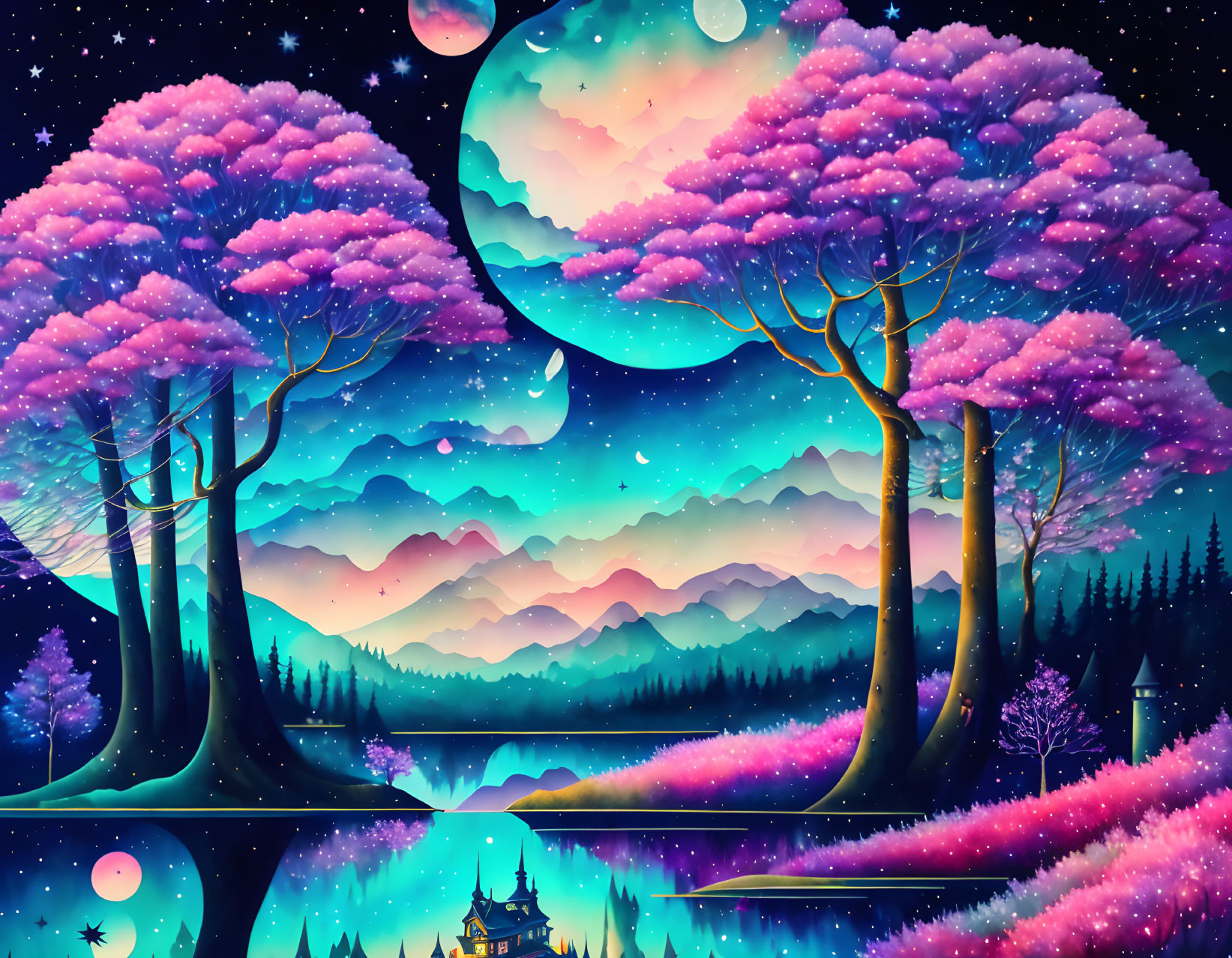 Fantasy landscape with purple trees, starry sky, mountains, moon, lake, and house