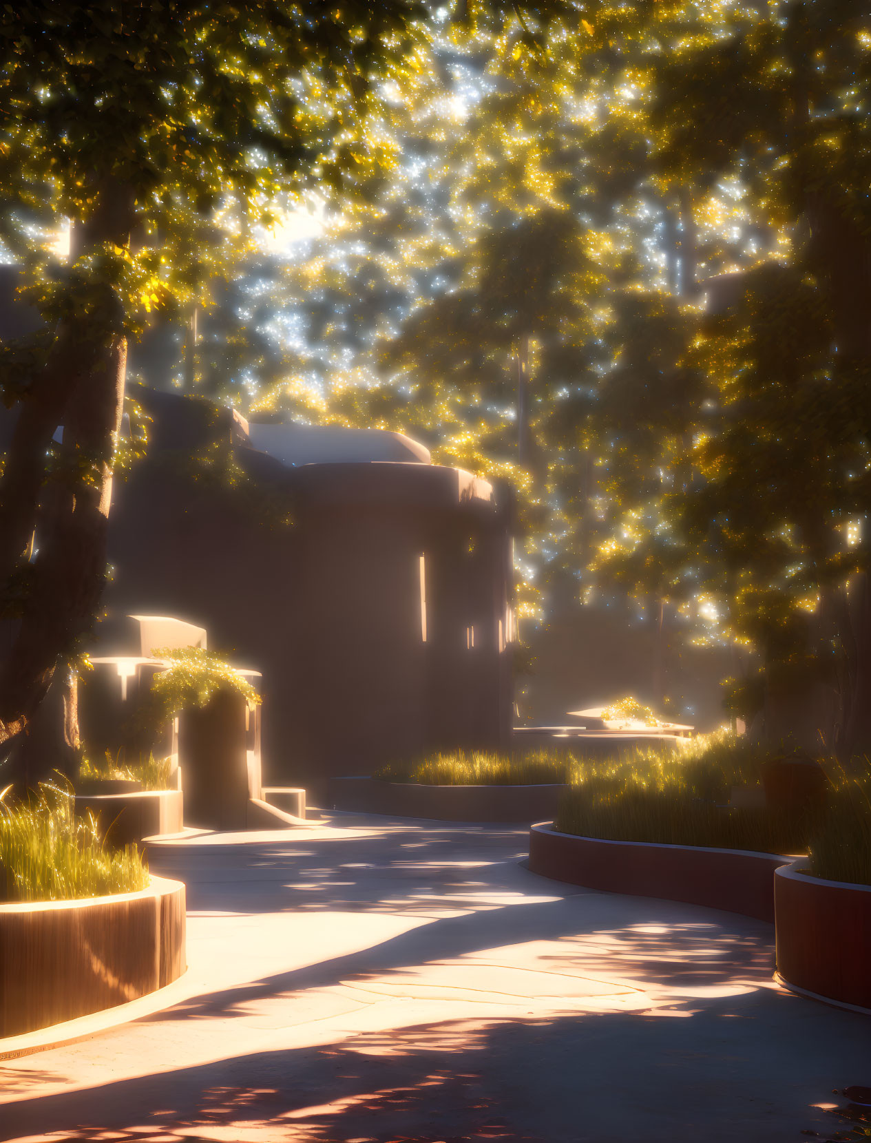 Tranquil park with sunlight, lush trees, and winding path.