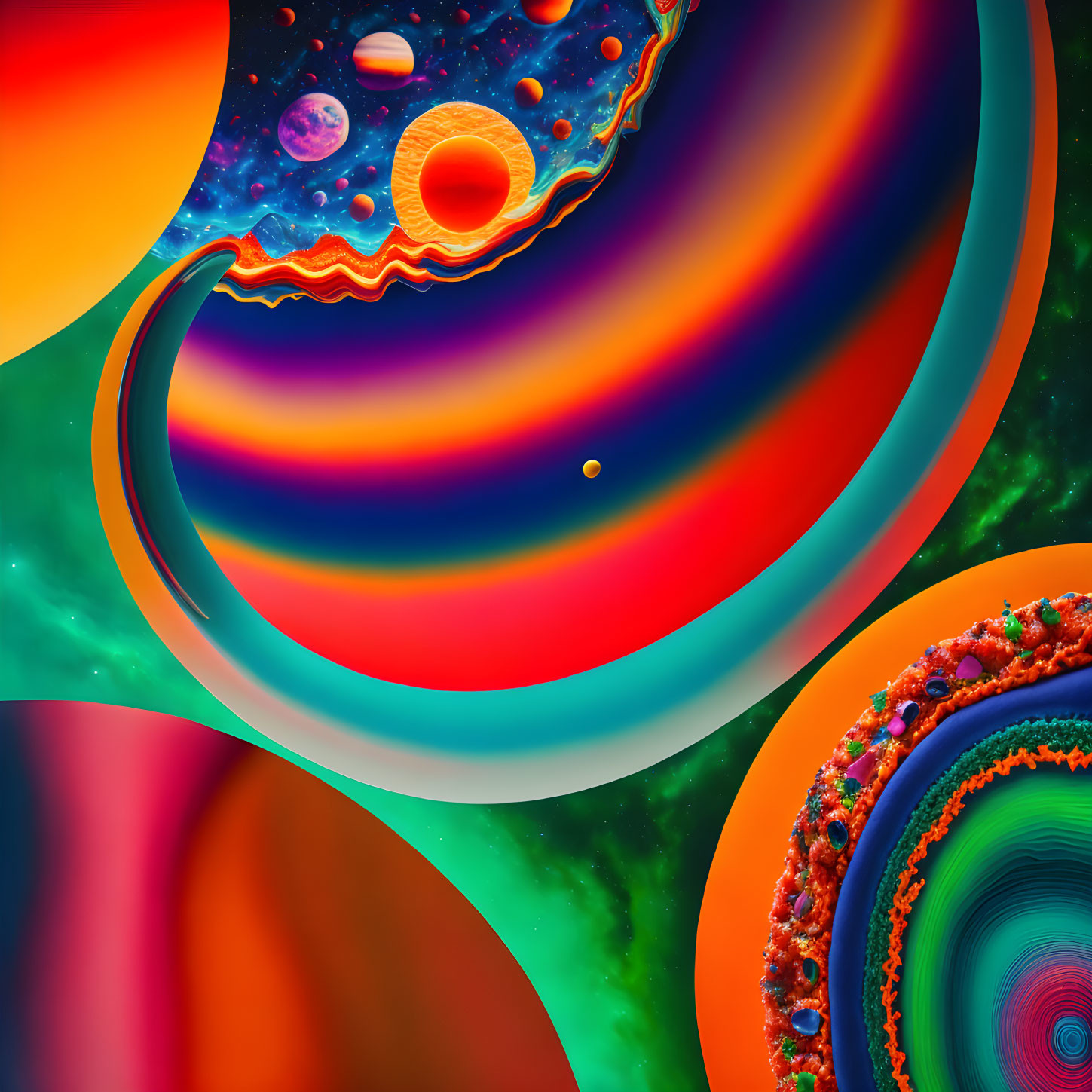 Colorful Abstract Art: Swirling Cosmic Motifs and Planets