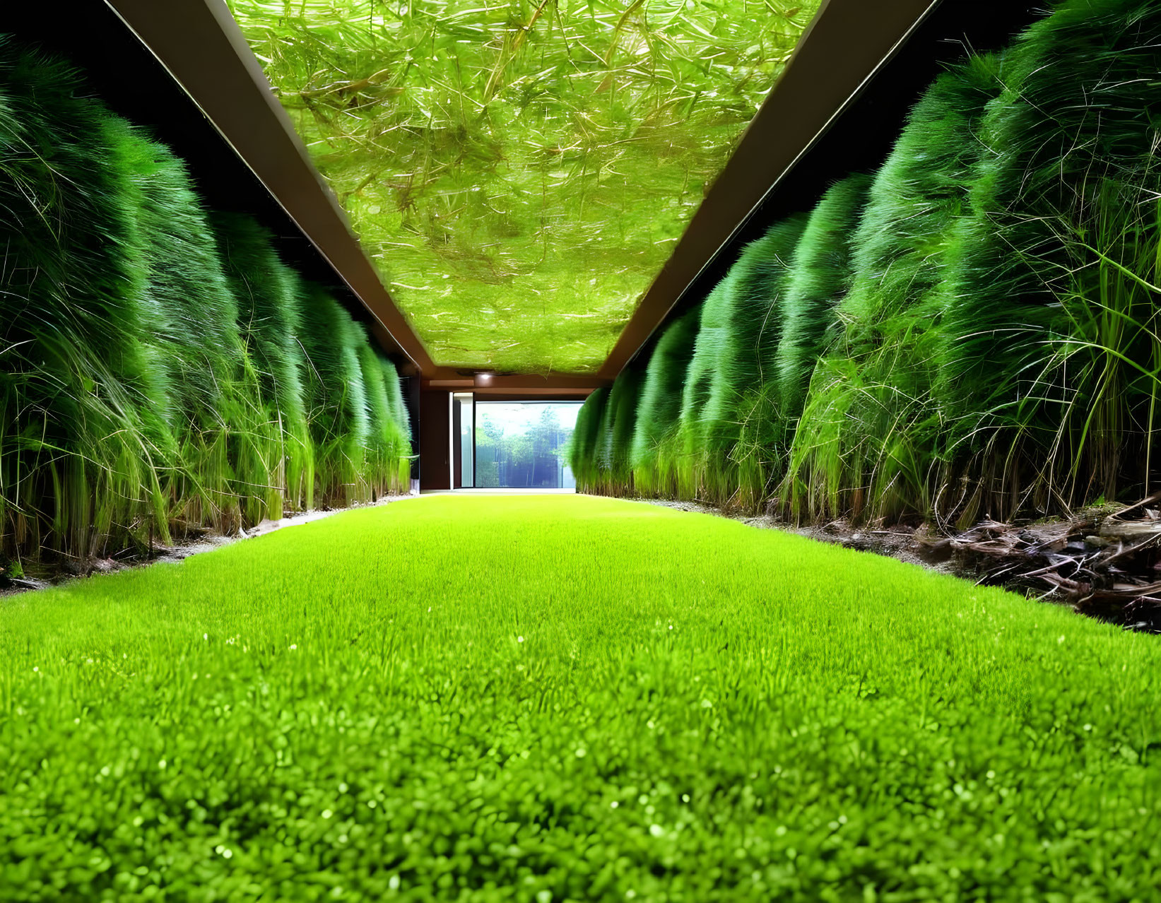 Lush Green Corridor with Pampas Grass and Reflective Ceiling