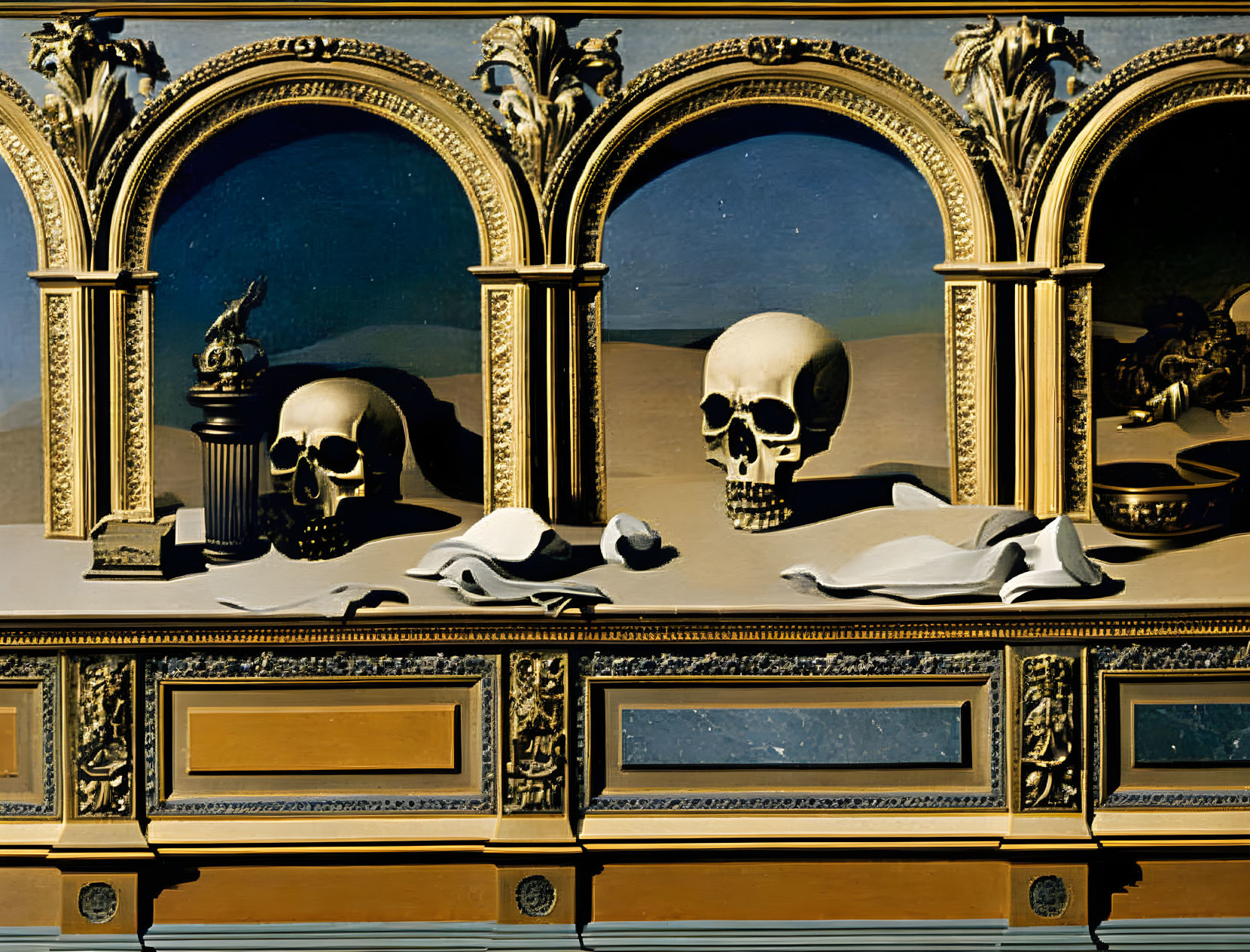 Skulls with fruit, bird, and reflections in ornate frame.