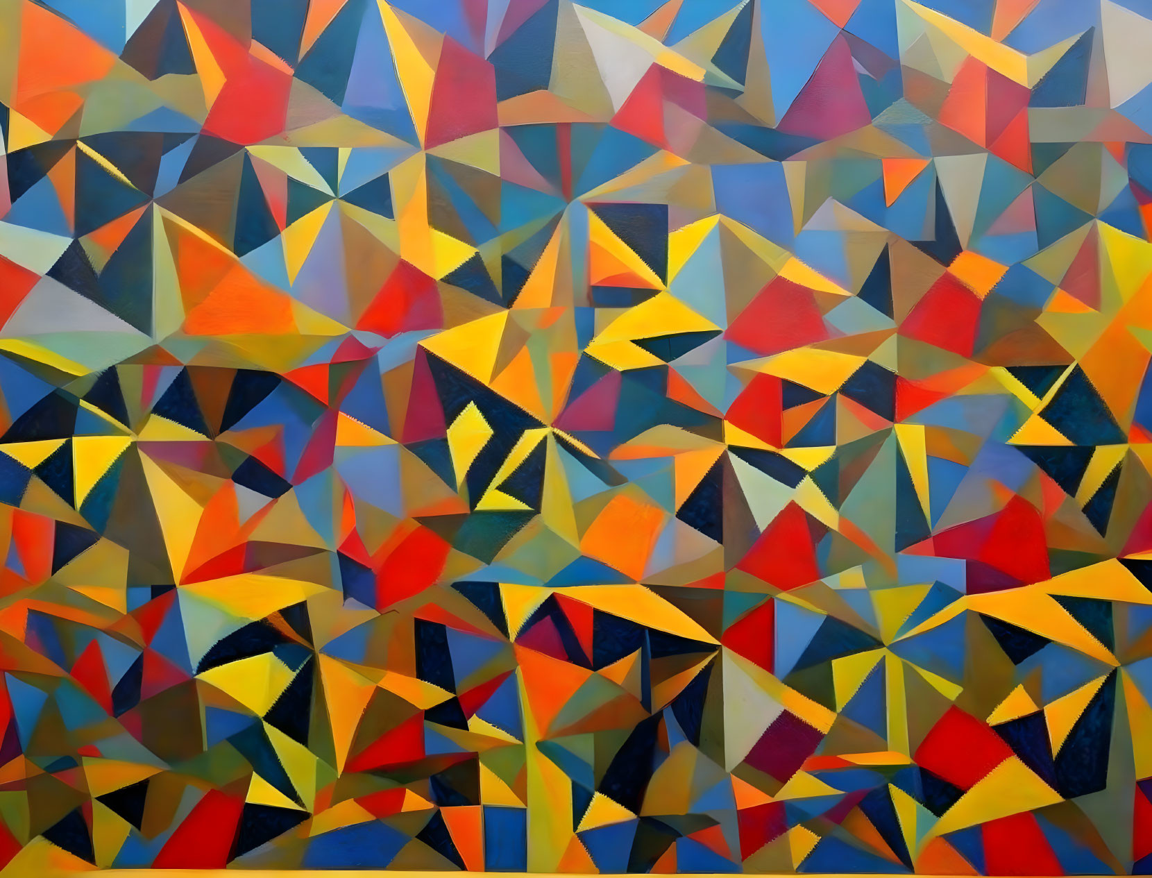 Vibrant geometric abstract painting with overlapping triangles in orange, blue, yellow, and white.