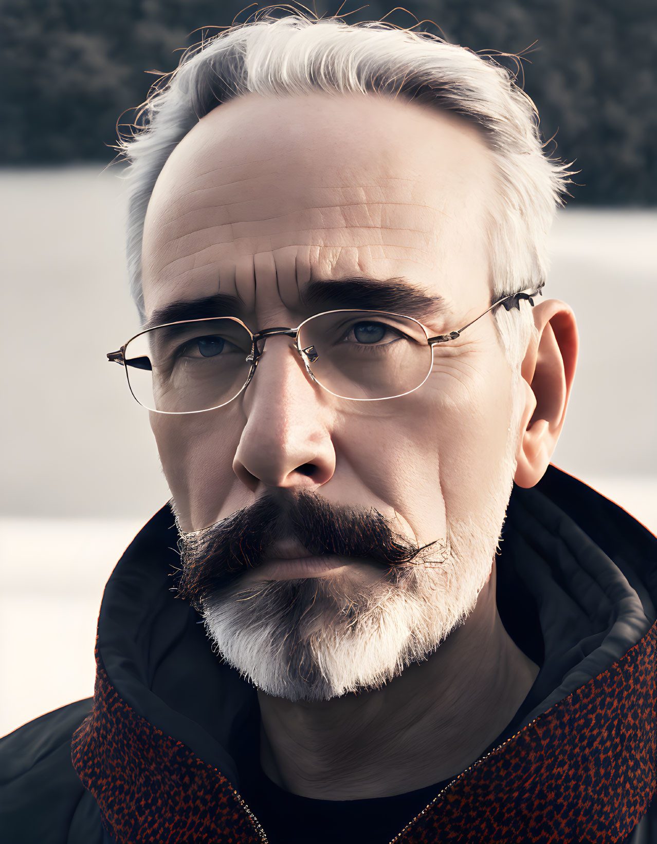 Close-up portrait of man with grey hair, beard, glasses, black jacket, red collar