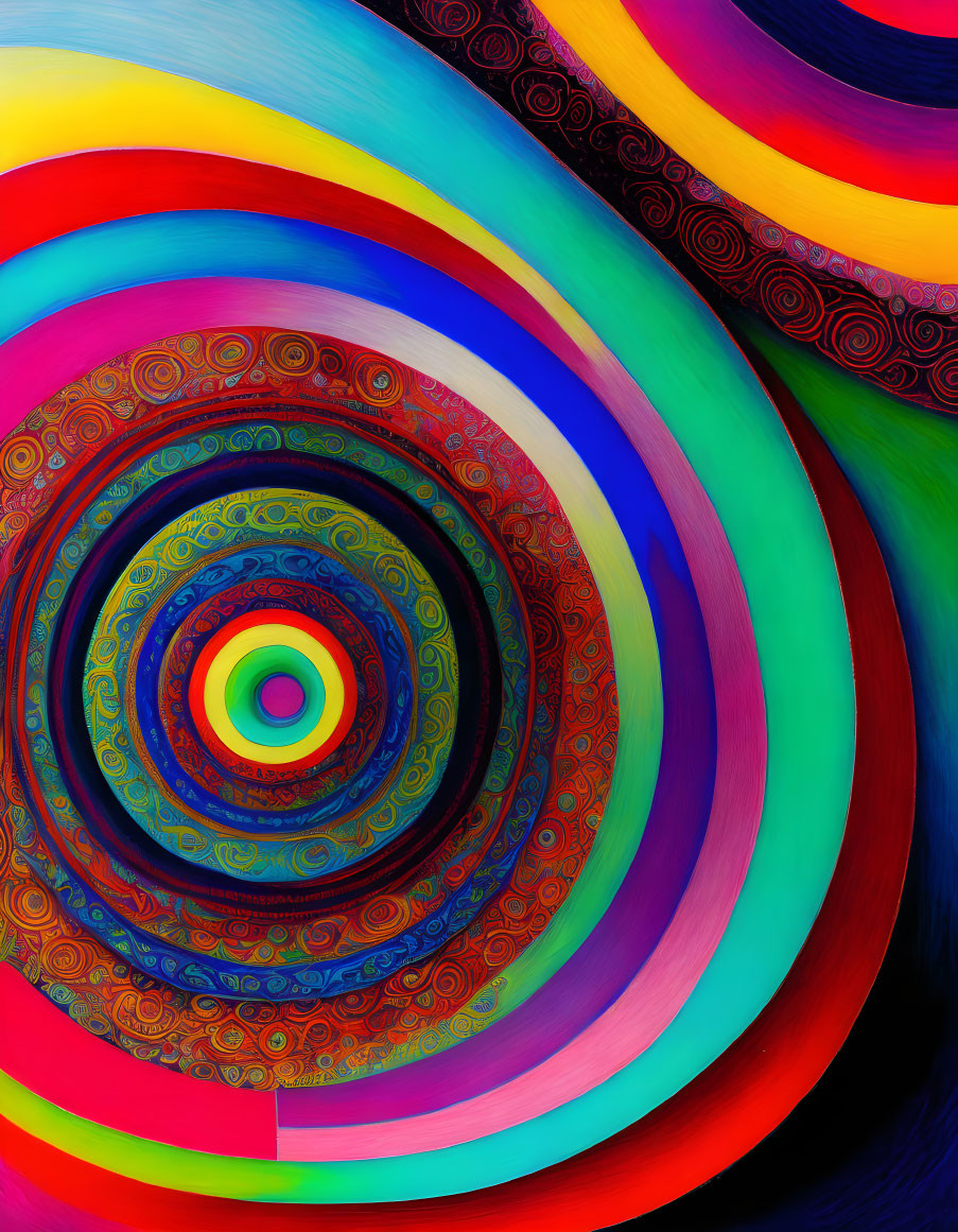 Colorful concentric pattern with spiral and intricate textures