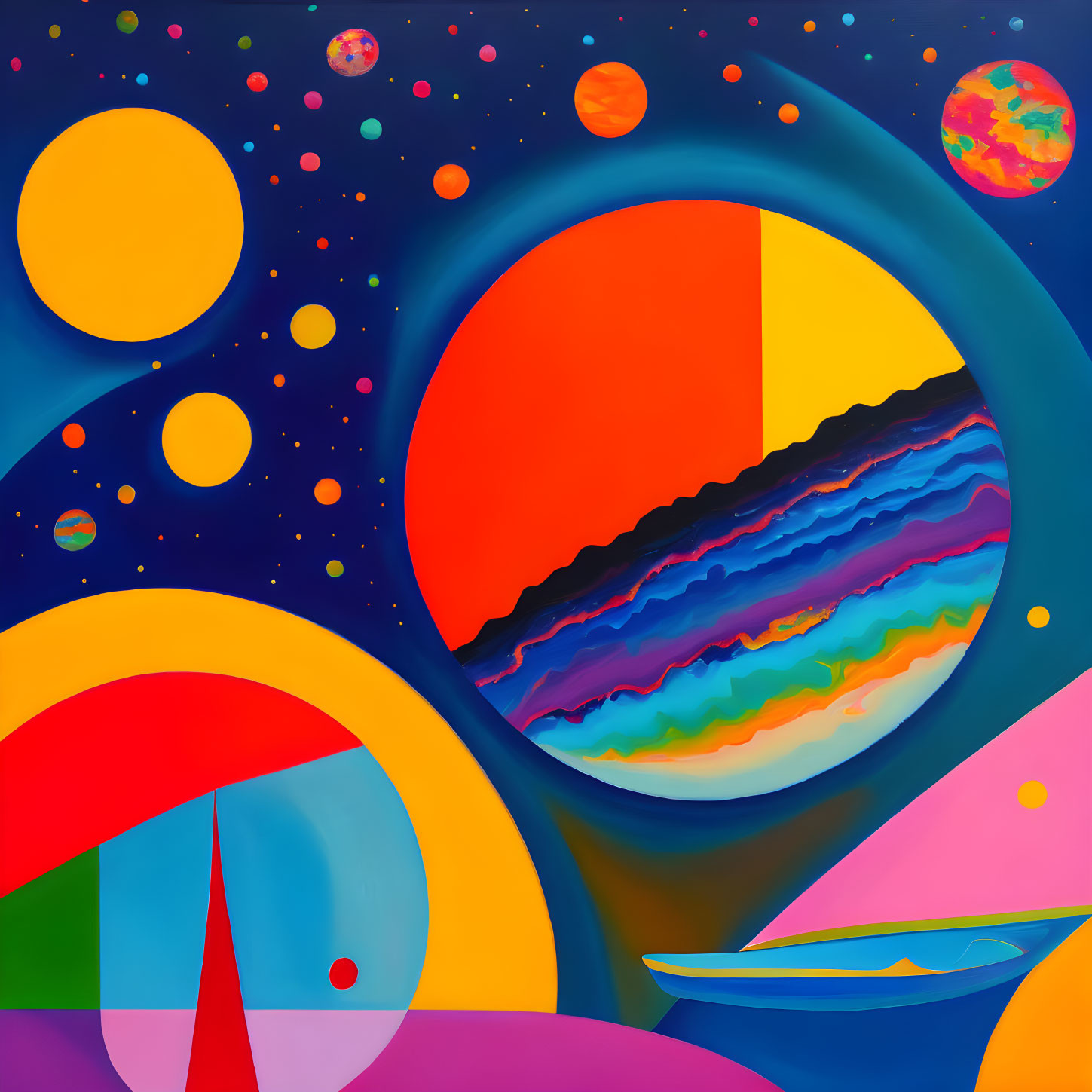 Colorful Abstract Painting: Celestial Bodies, Boat, Geometric Shapes