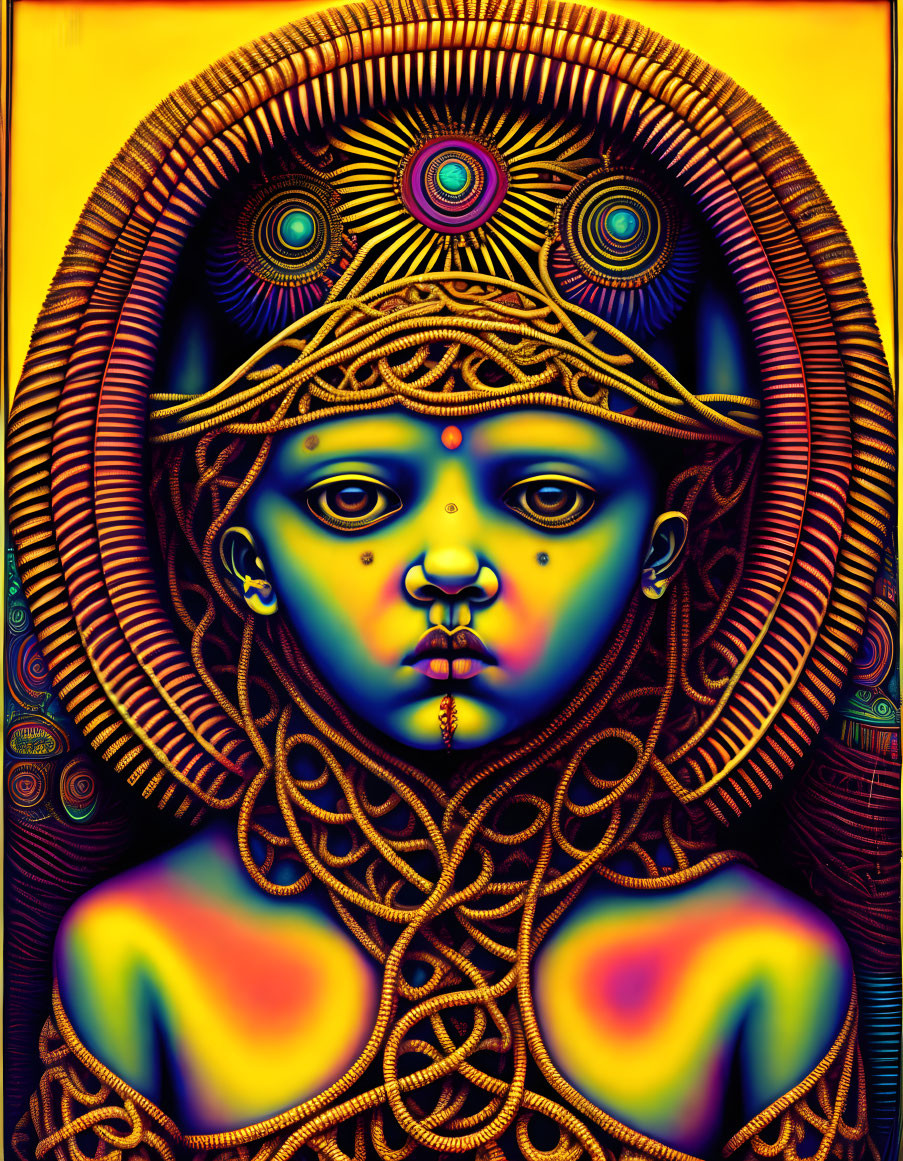 Vibrant digital artwork: child with decorative headdress, intense eyes