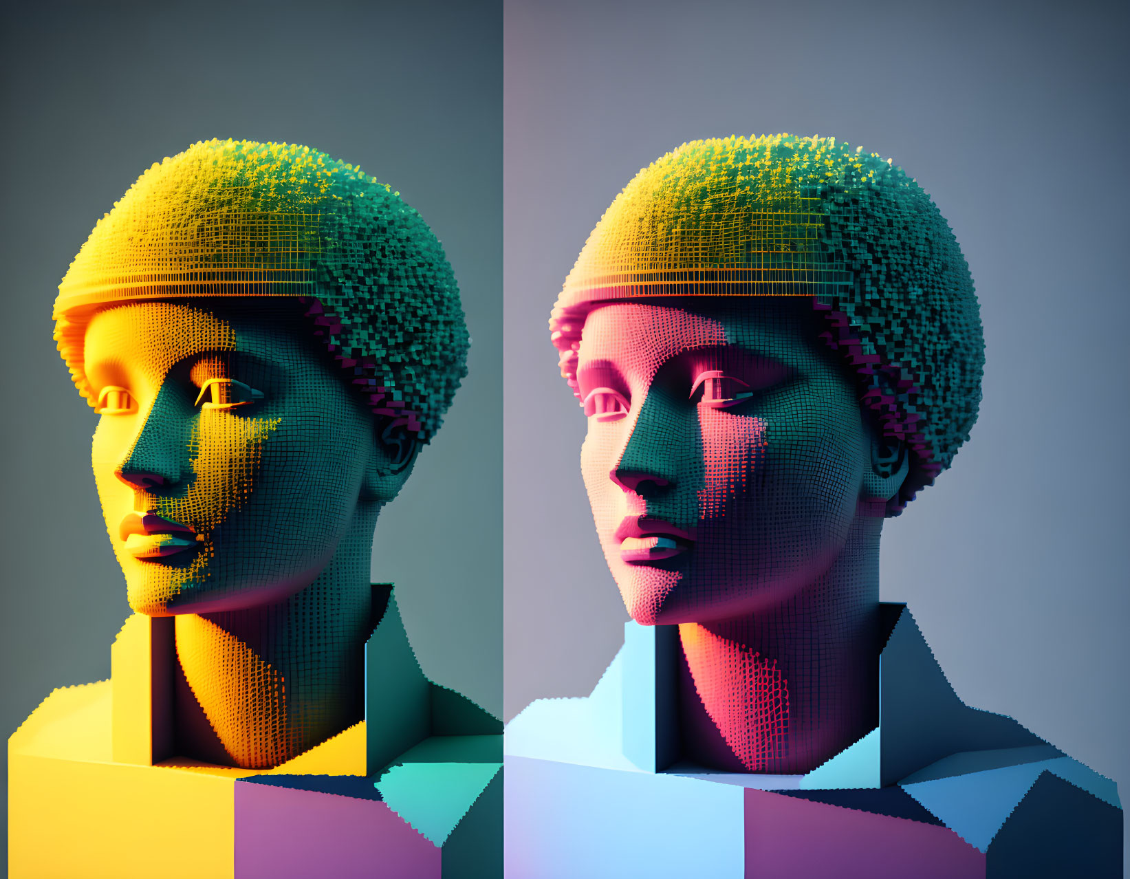 Voxel-style split-color digital sculptures of human head and shoulders