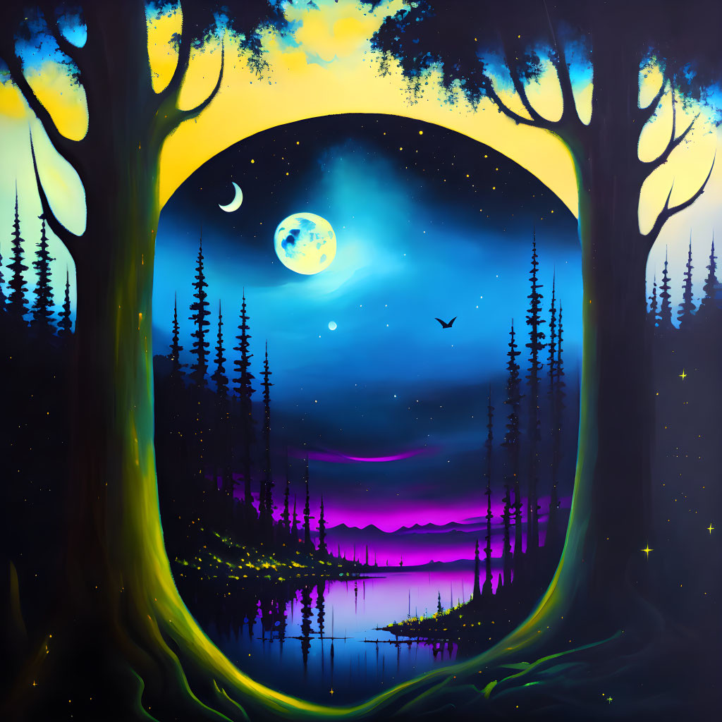 Fantasy landscape with silhouetted trees, moonlit sky, stars, and tranquil lake.