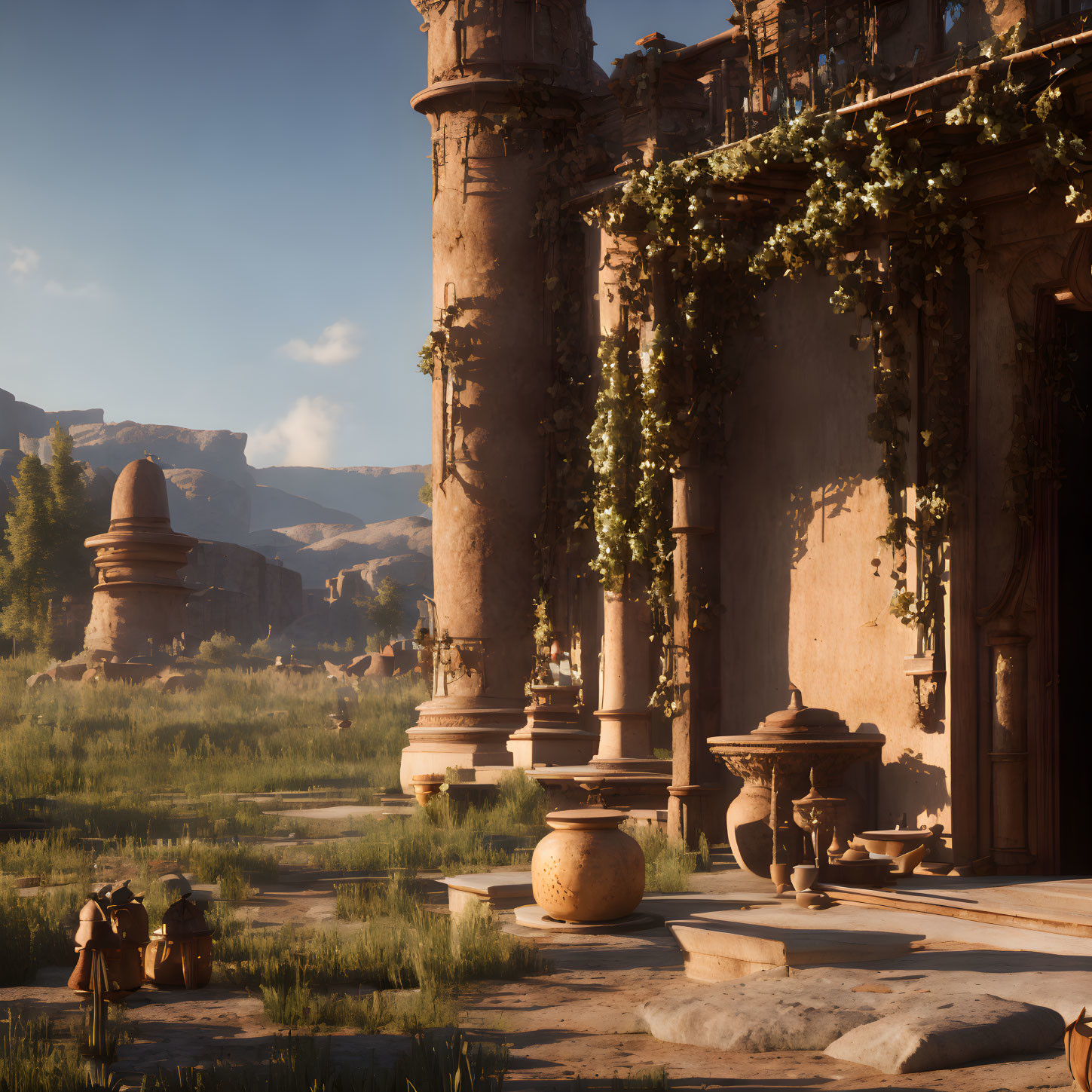 Ancient temple ruins with columns, overgrown vines, and distant rock formations.