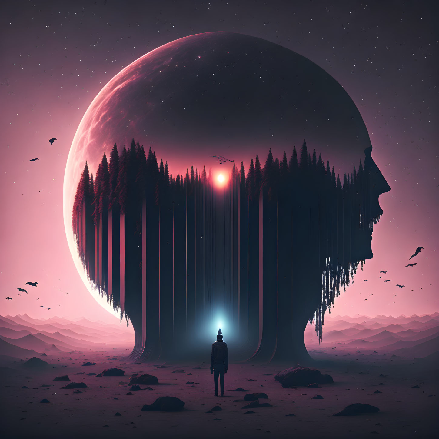 Silhouette person faces surreal head-shaped structure with forest, moon, pink sky