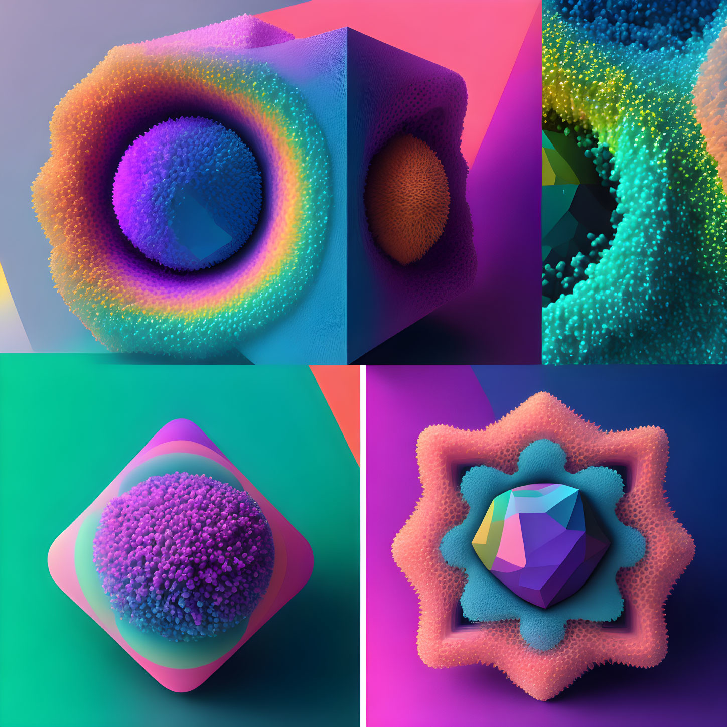 Vibrant 3D Fractal Collage with Neon Aesthetic