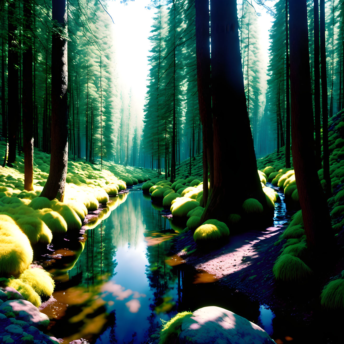 Tranquil forest stream with moss-covered rocks & tall trees