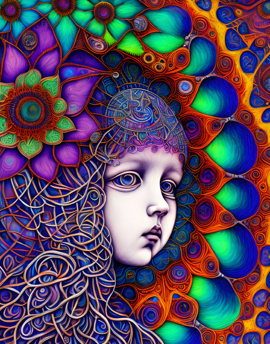 Colorful digital artwork: Whimsical child's face with floral patterns