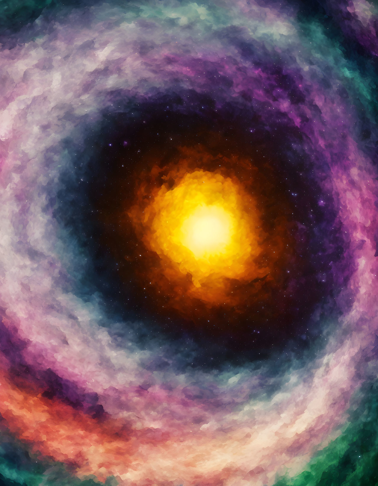 Vibrant cosmic swirl in yellow and purple hues