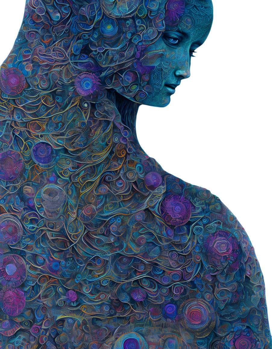 Female figure with blue and purple floral and peacock feather patterns.