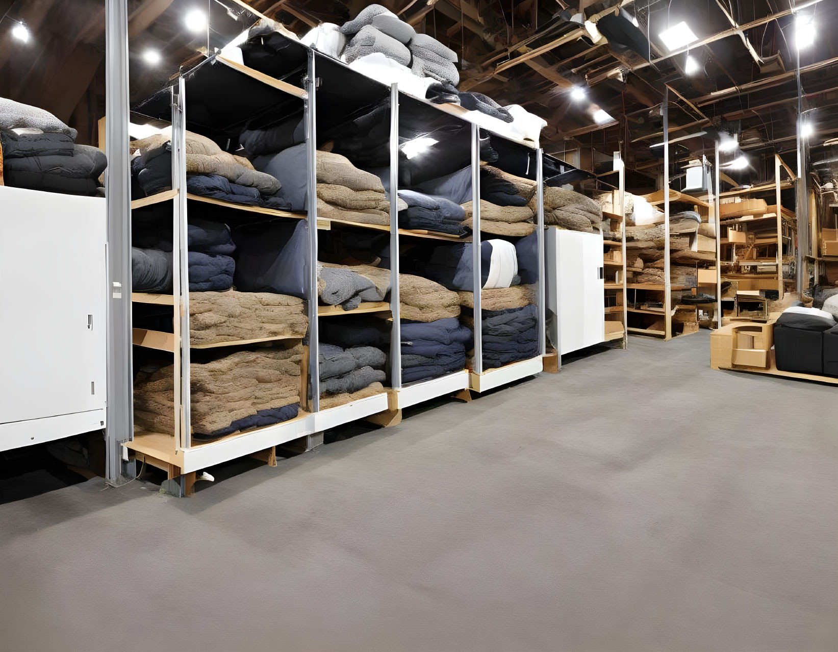 Shelves with textiles and furniture in warehouse