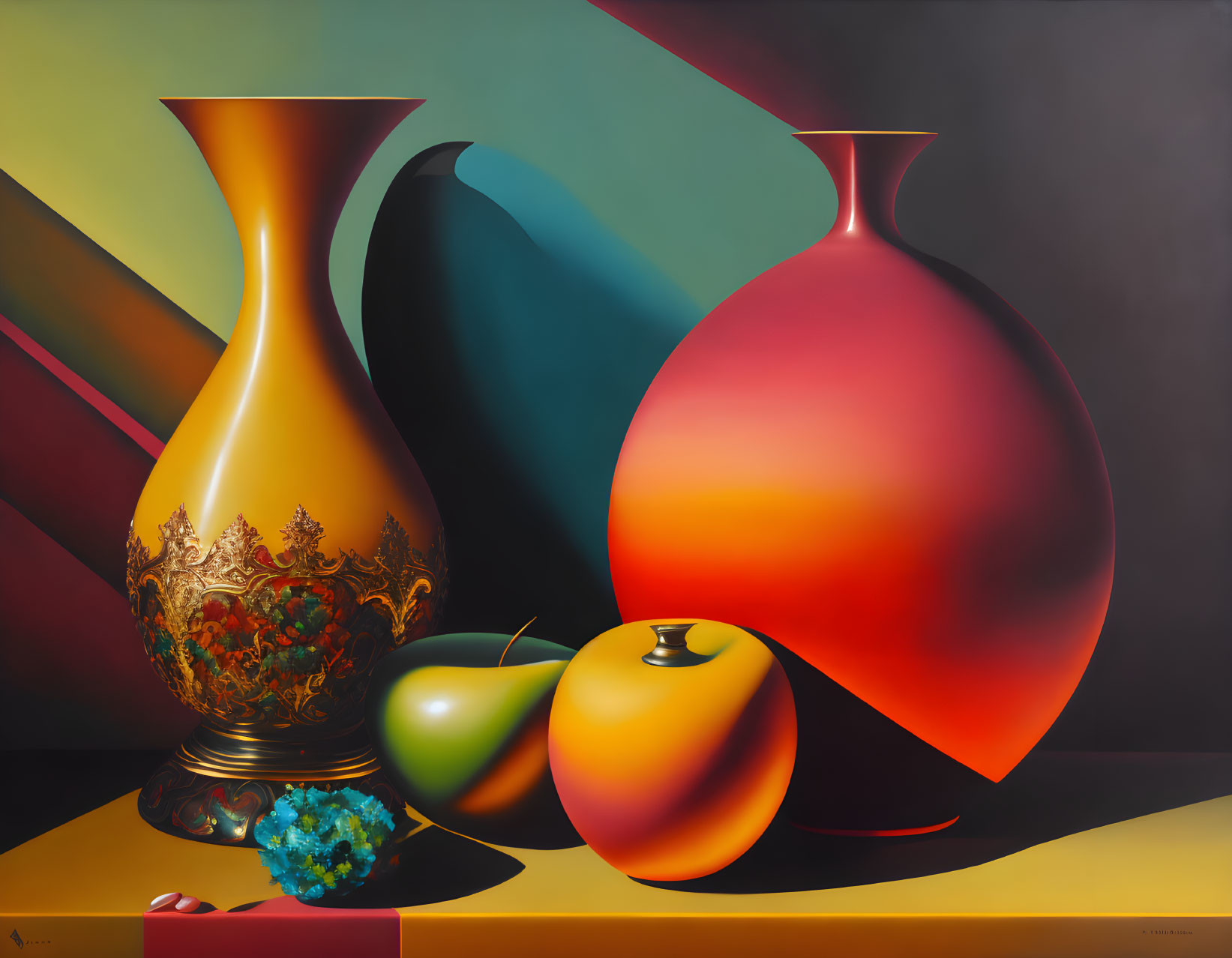 Colorful still-life painting with vases, apples, and geometric background