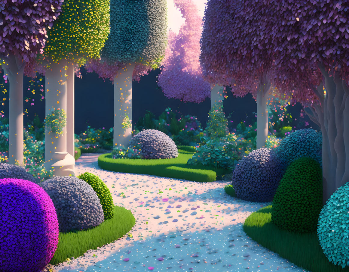 Vibrant garden path with spherical bushes, pastel trees, and petals under a dusky sky