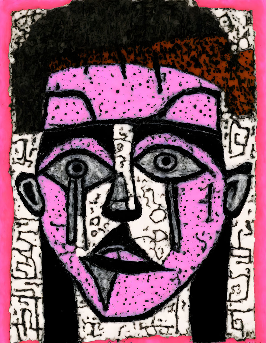 Prominent Eyes Abstract Portrait with Pink Skin and Black Hair