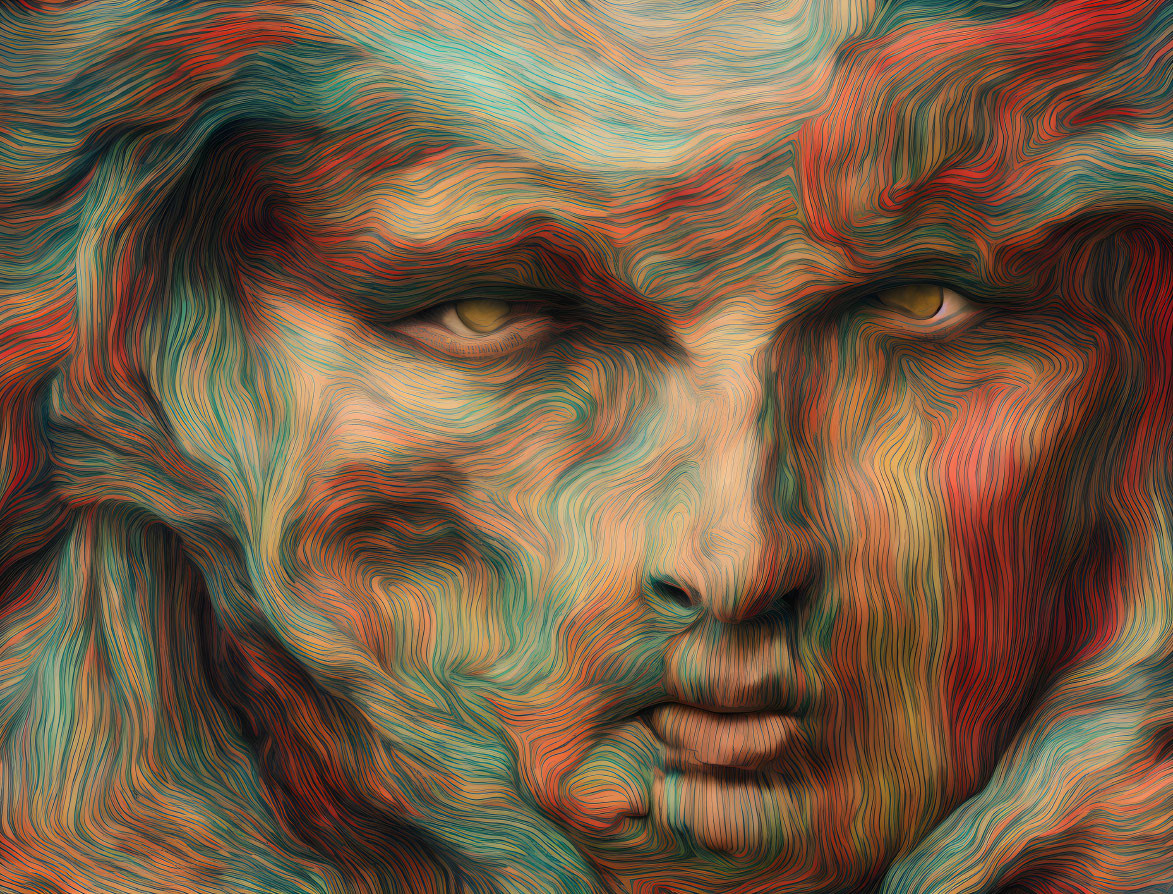 Vibrant abstract portrait with swirling wave-like patterns