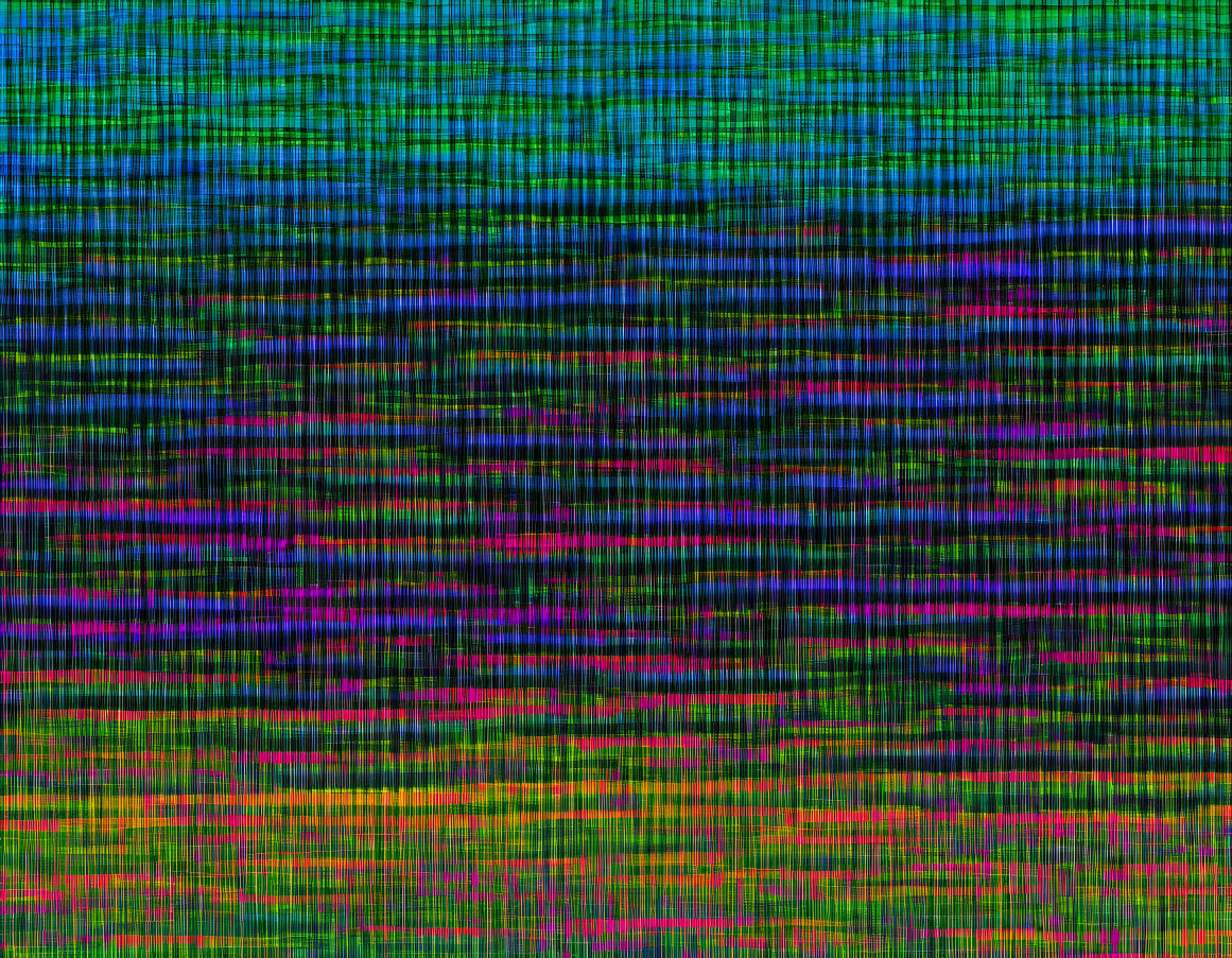 Pixelated glitch art with horizontal lines in green, blue, purple, and pink colors