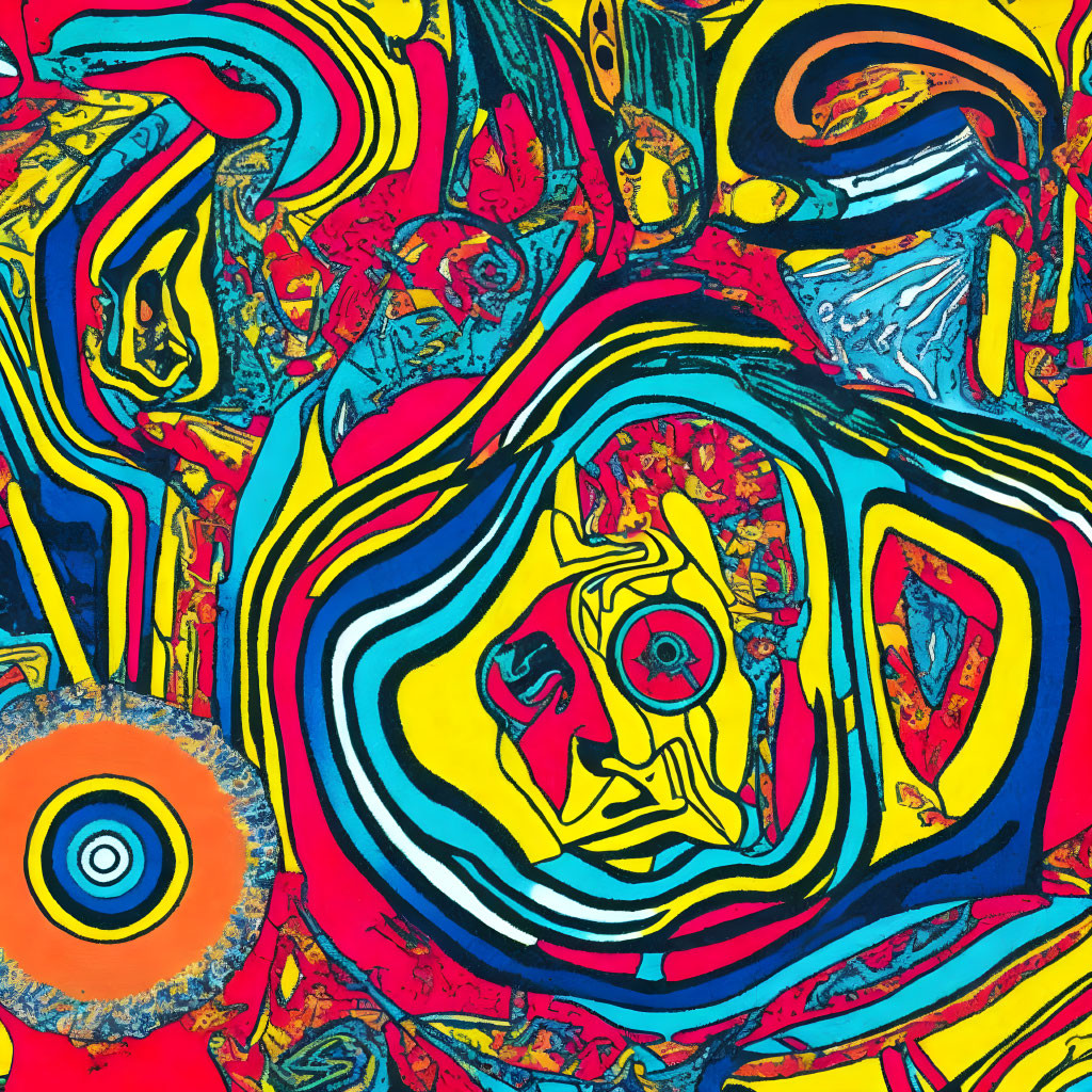 Colorful Abstract Artwork: Psychedelic Swirls in Red, Yellow, and Blue