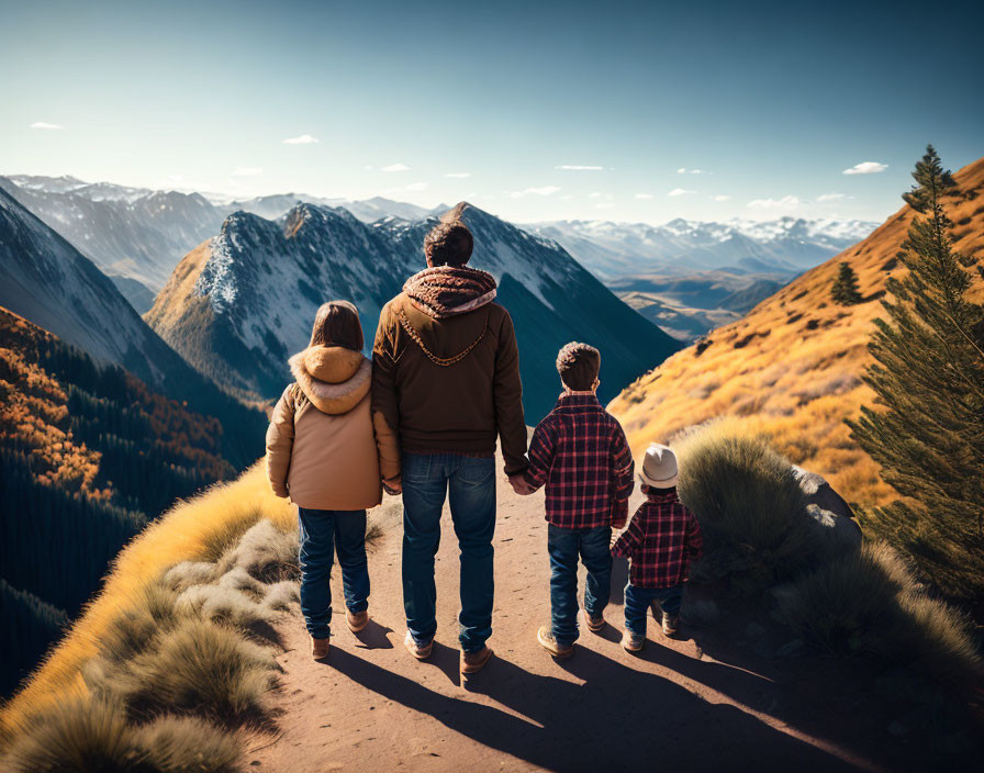 Family of Four Hiking in Autumn Mountain Landscape