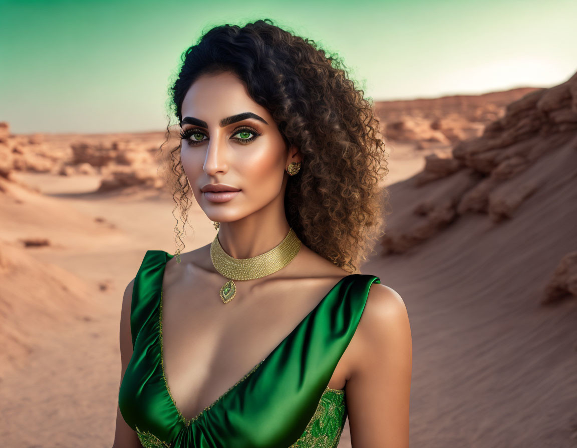 Curly-haired person in green eyeshadow and satin dress poses in desert landscape