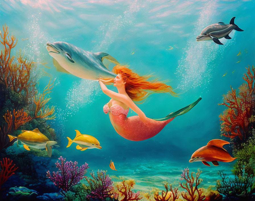 Mermaid with Red Hair Swimming Among Dolphins and Fish