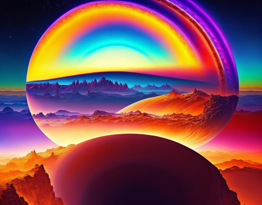 Colorful Sphere Reflecting Mountainous Scene in Surreal Landscape