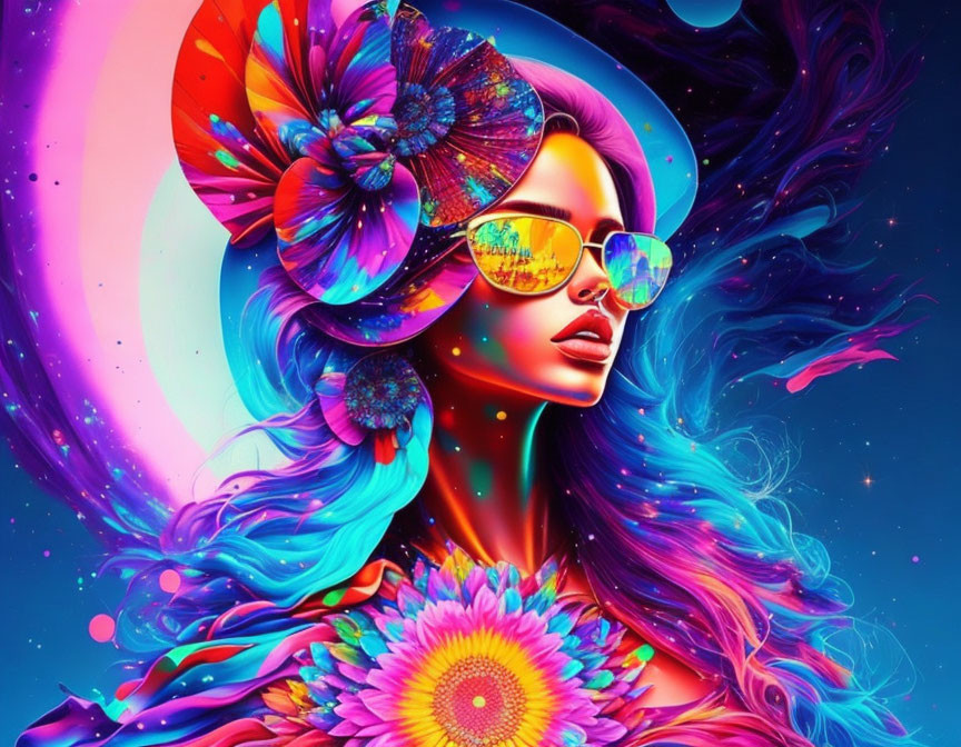 Colorful digital artwork: Woman with flowing hair, sunglasses, flowers, butterflies.