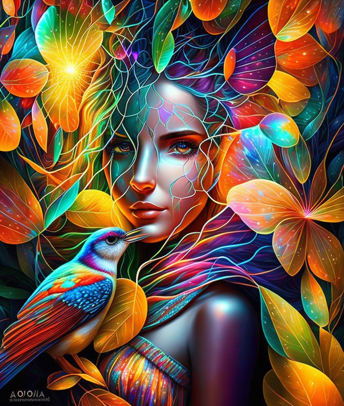 Colorful digital artwork of a woman with vibrant foliage and a vivid bird