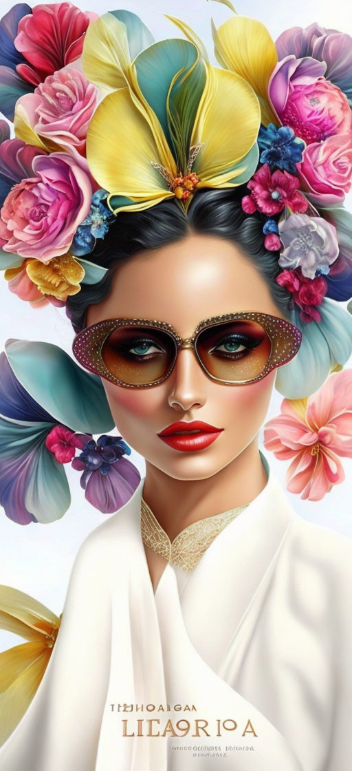 Colorful Floral Crown Woman Artwork with Sunglasses and Flowers