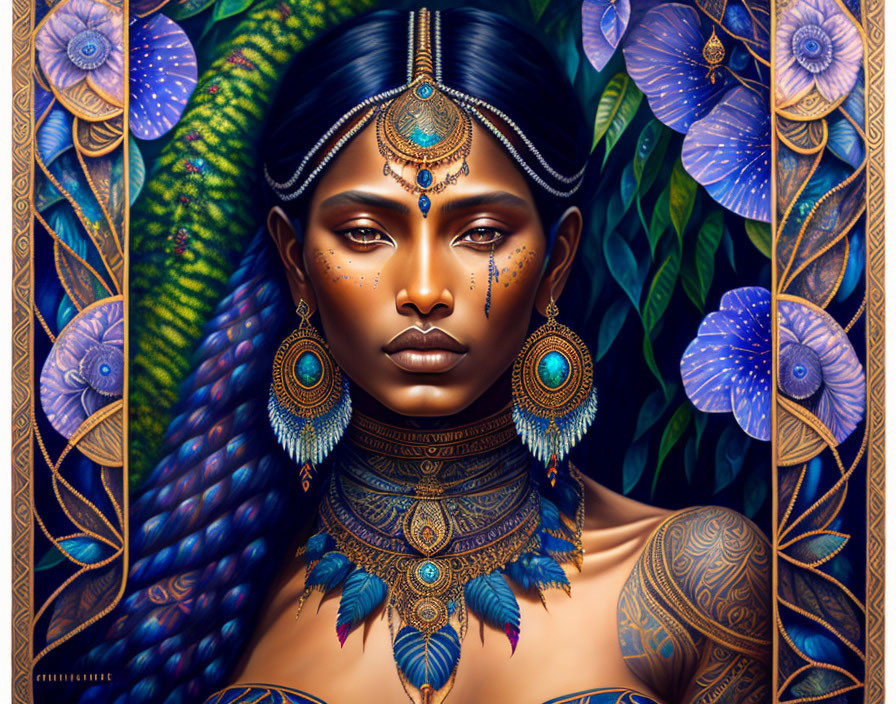 Digital artwork: Woman with peacock feather hair, tattoos, blue & gold jewelry, surrounded by flowers